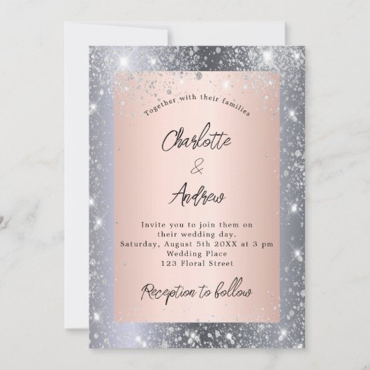 Invitation Argent rose or scintille mariage élégant (Devant)