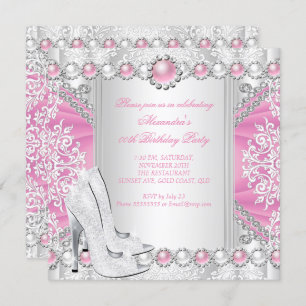 Invitation Argent rose talons hauts Perle blanche fête d'anni