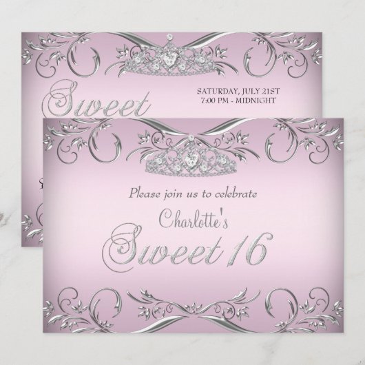 Invitation Argent rose Tiara Sweet 16 Anniversaire (Devant / Derrière)