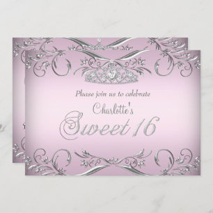 Invitation Argent rose Tiara Sweet 16 Anniversaire