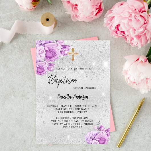 Invitation Argent rose violet fleurs fille Baptême