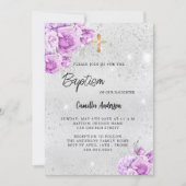 Invitation Argent rose violet fleurs fille Baptême (Devant)