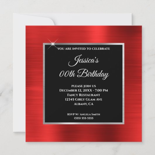 Invitation Argent rouge et noir Foil Anniversaire (Devant)