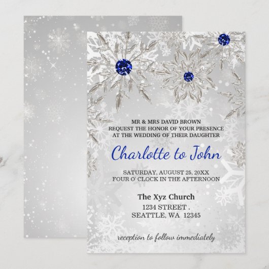 Invitation argent royal bleu snowflakes mariage d'hiver (Devant / Derrière)