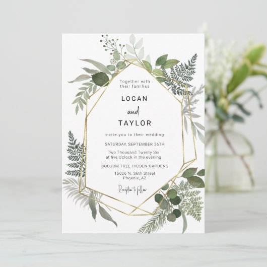 Invitation Argent Sage Botanique Verdure Or Frame QR Code (Debout devant)