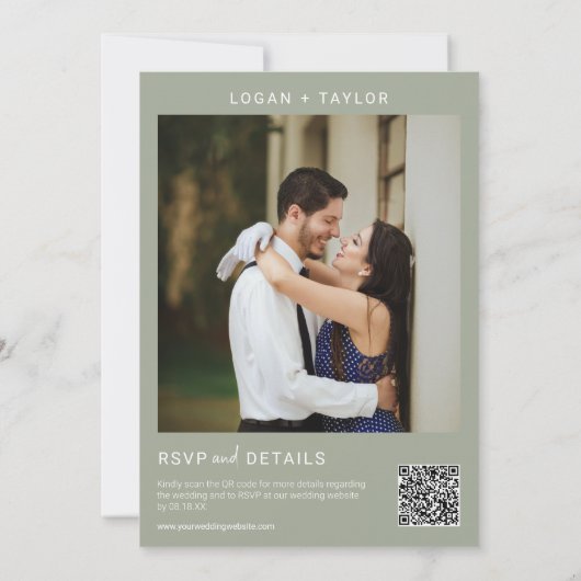 Invitation Argent Sage Botanique Verdure Or Frame QR Code (Dos)