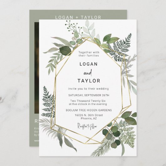 Invitation Argent Sage Botanique Verdure Or Frame QR Code (Devant / Derrière)