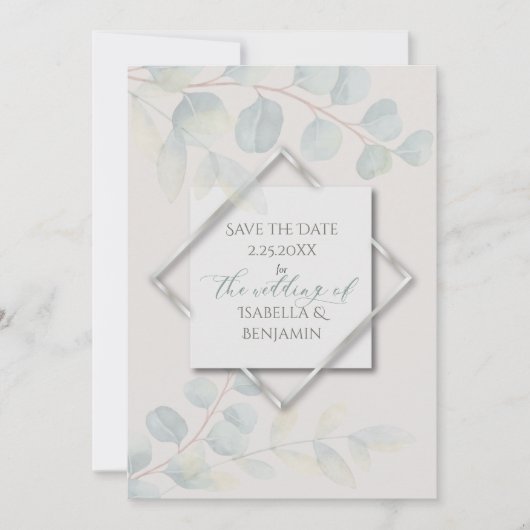 Invitation Argent Sage Eucalyptus Enregistrer la date (Devant)