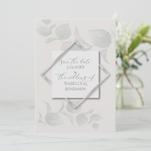 Invitation Argent Sage Eucalyptus Enregistrer la date 2 (Debout devant)