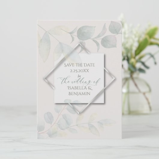 Invitation Argent Sage Eucalyptus Enregistrer la date 2 (Debout devant)