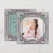 Invitation Argent Sarcelle Bleu Corail Rose Photo Quinceanera (Devant / Derrière)