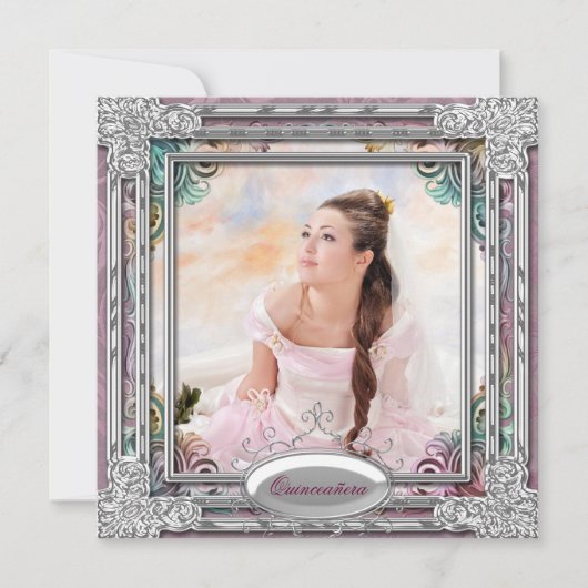Invitation Argent Sarcelle Bleu Corail Rose Photo Quinceanera (Devant)