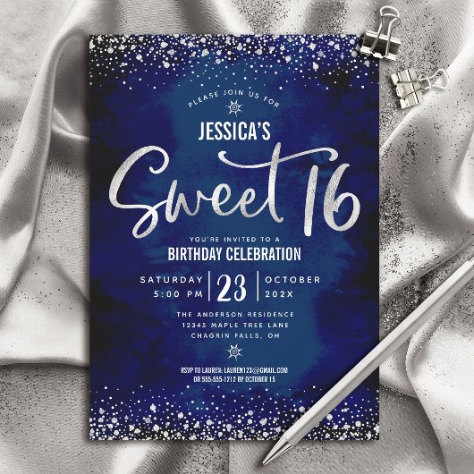 Invitation Argent Script Marine Aquarelle Sweet 16 Anniversai