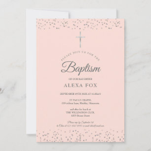 Invitation Argent Stardust Baptême Christening Blush Pink