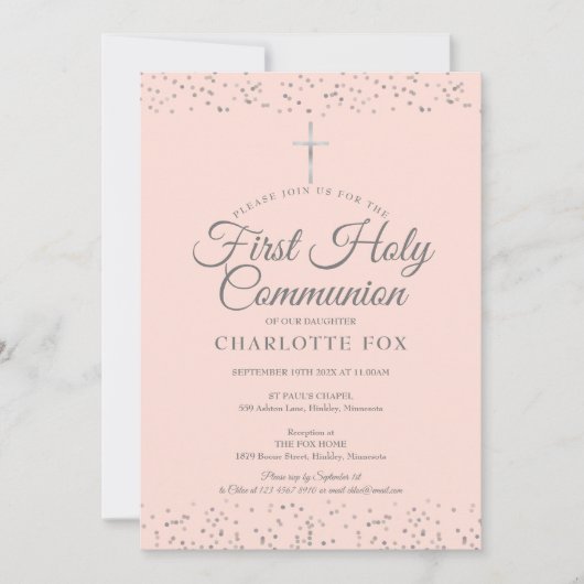Invitation Argent Stardust Première Sainte Communion Blush ro (Devant)