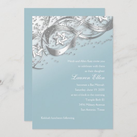 Invitation Argent Stars Confetti Flourdissant Bat mitzvah Bla (Devant / Derrière)