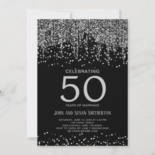 Invitation Argent String Parties scintillant lumière Noir 50e (Devant)