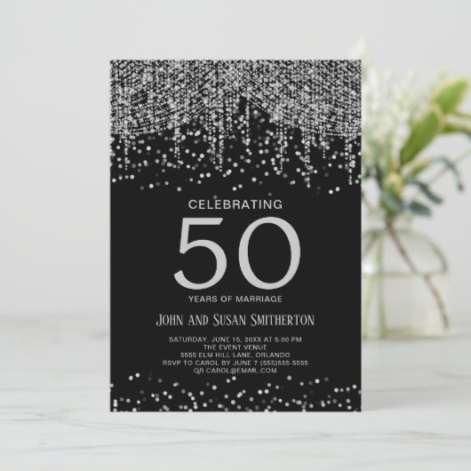 Invitation Argent String Parties scintillant lumière Noir 50e (Debout devant)