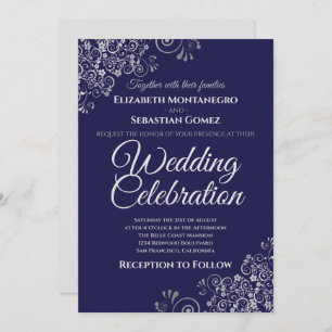 Invitation Argent sur bleu marine Simple mariage élégant