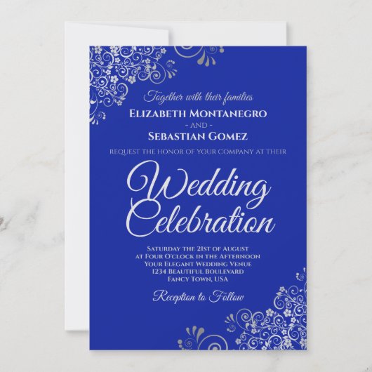 Invitation Argent sur Royal Blue Simple Mariage élégant (Devant)