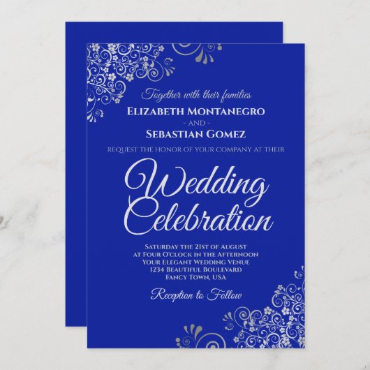 Invitation Argent sur Royal Blue Simple Mariage élégant (Devant / Derrière)