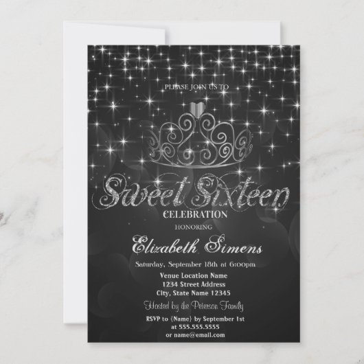 Invitation Argent Tiara Stars Princesse Black Sweet 16 (Devant)