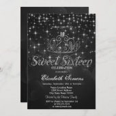 Invitation Argent Tiara Stars Princesse Black Sweet 16 (Devant / Derrière)