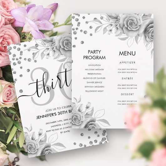 Invitation Argent tout en une Parties scintillant florale 30e