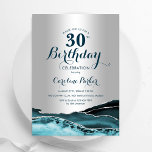 Invitation Argent Turquoise Agate 30e anniversaire<br><div class="desc">Turquoise et argent agate 30e anniversaire invitation de fête. Design élégant et moderne avec aquarelle agate marbre arrière - plan,  faux parties scintillant argent et typographie script. Carte invitation branchée parfaite pour une célébration anniversaire féminine élégante. Invitations Zazzle imprimées ou téléchargement instantané modèle imprimable numérique.</div>