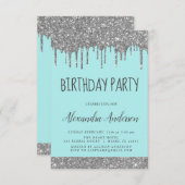 Invitation Argent Turquoise Bleu Étincelle Parties scintillan (Devant / Derrière)