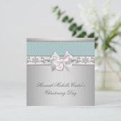 Invitation Argent Turquoise Rose Girls Christening (Debout devant)