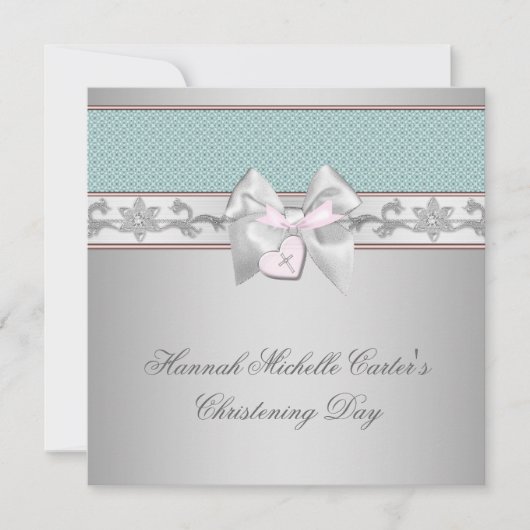 Invitation Argent Turquoise Rose Girls Christening (Devant)