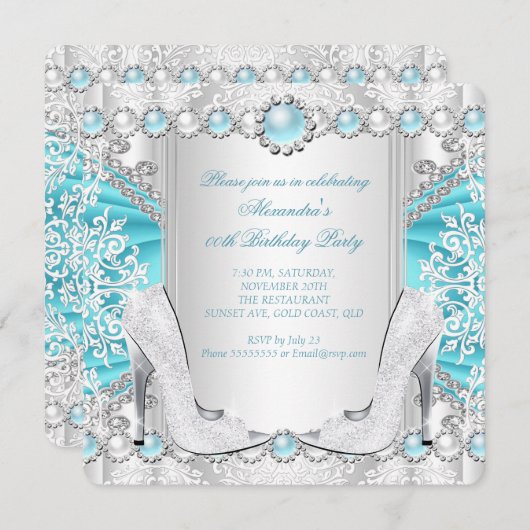 Invitation Argent turquoise talons hauts Perle blanche Annive (Devant / Derrière)
