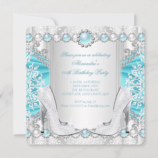 Invitation Argent turquoise talons hauts Perle blanche Annive (Devant)
