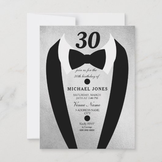 Invitation Argent Tuxedo Bow Cravate Mens 30e anniversaire In (Devant)