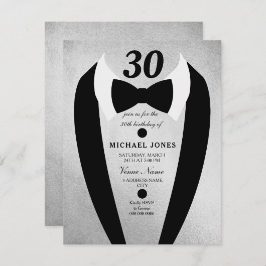 Invitation Argent Tuxedo Bow Cravate Mens 30e anniversaire In (Devant / Derrière)