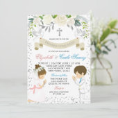 Invitation Argent Twin Boy Girl Kneel First Holy Communion (Debout devant)