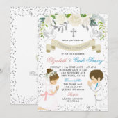 Invitation Argent Twin Boy Girl Kneel First Holy Communion (Devant / Derrière)