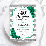 Invitation Argent vert blanc Surprise 40e anniversaire<br><div class="desc">Invitation surprise 40e anniversaire de fête. Design vert émeraude féminin avec fausse parties scintillant argent. Il présente des rayures blanches et argentées, des roses, des caractères de script et des confettis. Parfait pour une célébration anniversaire féminine élégante. Peut être personnalisé pour montrer n'importe quel âge. Invitations Zazzle imprimées ou téléchargement...</div>