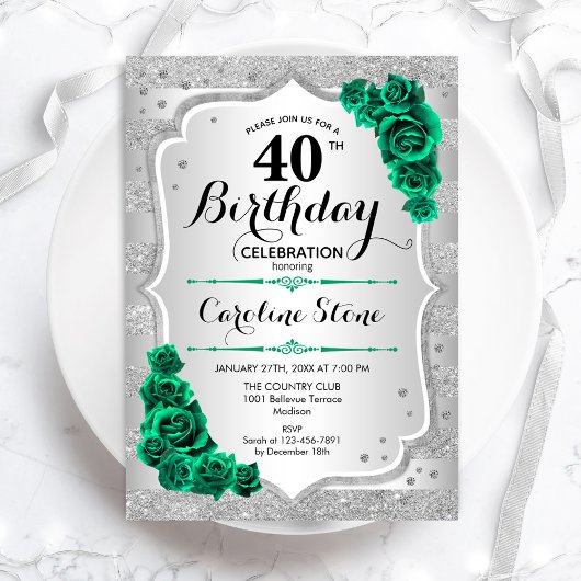 Invitation Argent vert élégant Floral 40e anniversaire