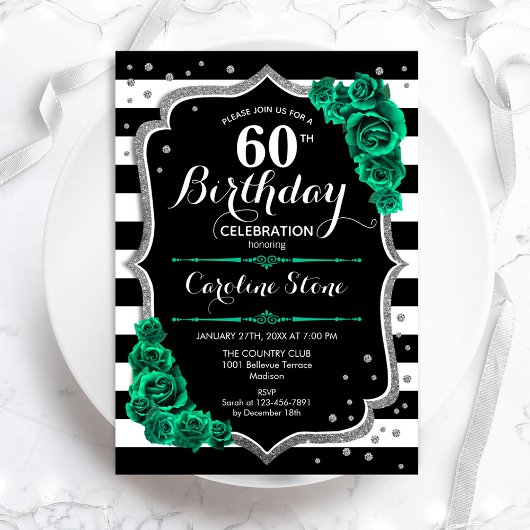 Invitation Argent vert Élégant Floral 60e anniversaire