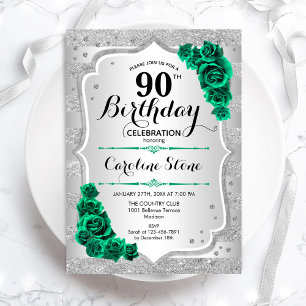 Invitation Argent vert Elégant Floral 90e anniversaire