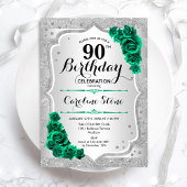Invitation Argent vert Elégant Floral 90e anniversaire