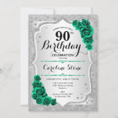 Invitation Argent vert Elégant Floral 90e anniversaire (Devant)