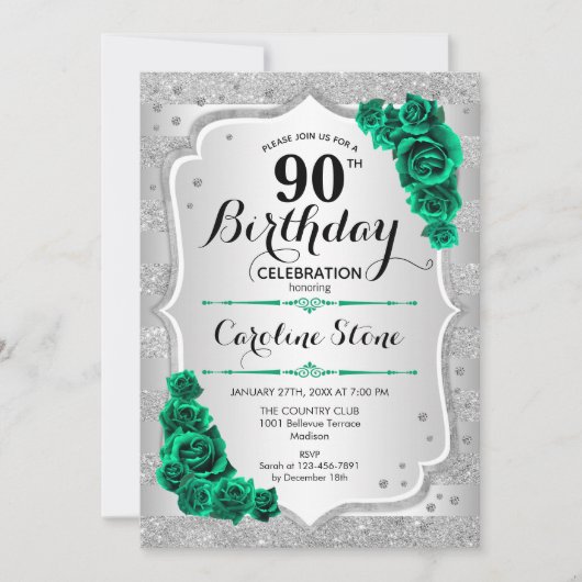 Invitation Argent vert Elégant Floral 90e anniversaire (Devant)
