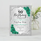 Invitation Argent vert Elégant Floral 90e anniversaire (Debout devant)