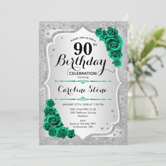 Invitation Argent vert Elégant Floral 90e anniversaire (Debout devant)