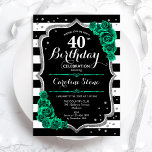 Invitation Argent vert Grandes noires et blanches 40e anniver<br><div class="desc">Invitation à la fête du 40e anniversaire. Elégant design floral vert émeraude avec faux parties scintillant argent et rose. Fonctionne avec des rayures noir et blanc et une police de script. Idéal pour une célébration anniversaire féminine élégante. Peut être customisé pour n'importe quel âge ! Invitations Zazzle imprimées ou téléchargement...</div>