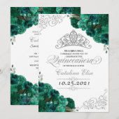 Invitation Argent vert Tiara Mis Quince Anniversaire Floral (Devant / Derrière)