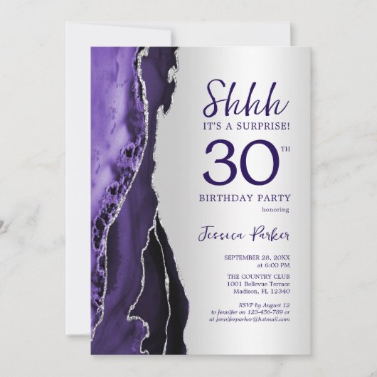Invitation Argent violet Agate Surprise 30e anniversaire (Devant)